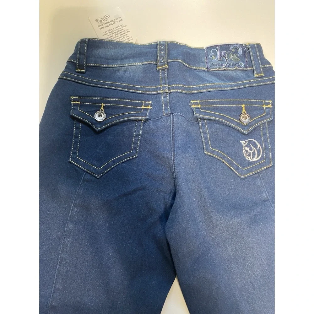 2kgrey Horse Riding Pants 26 in. Women's wow knee patch denim breech indigo blue